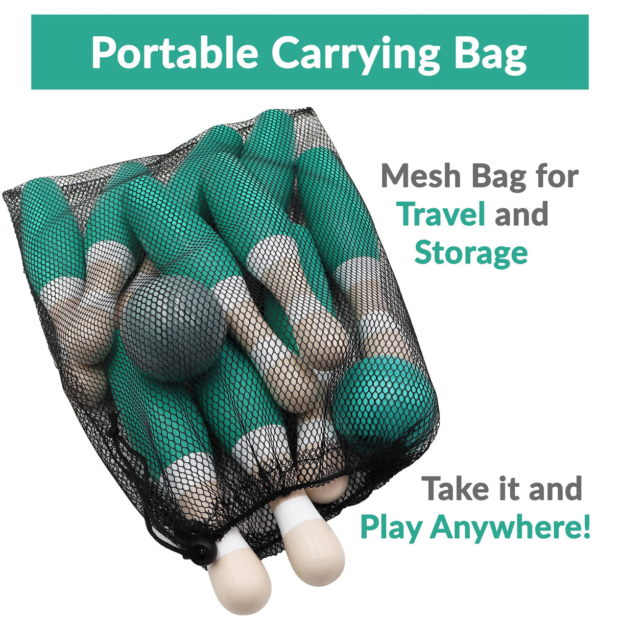 Sterling Sports Wooden Lawn Bowling 9" Skittles Set with Carrying Mesh Bag for Indoors and Outdoors - 10 Wooden Pins and 2 Balls, Green/Turquoise and Gray STERLING