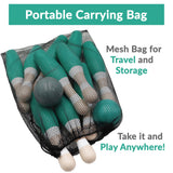 Sterling Sports Wooden Lawn Bowling 9" Skittles Set with Carrying Mesh Bag for Indoors and Outdoors - 10 Wooden Pins and 2 Balls, Green/Turquoise and Gray STERLING