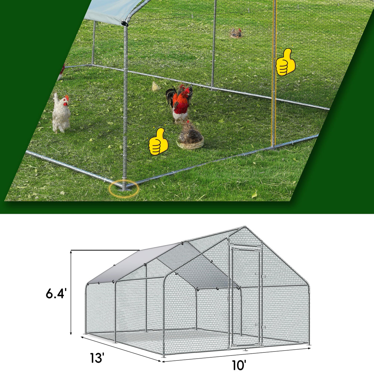Betterhood Large Metal Chicken Coop Upgrade Tri-Supporting Wire Mesh Chicken Run,Chicken Pen with Water-Resident and Anti-UV Cover,Duck Rabbit House Outdoor(10’ W x 13’ L x 6.5’ H) Betterhood