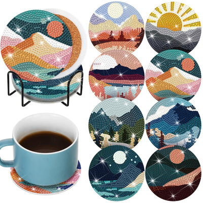 Sunnyray 8 Pcs Diamond Painting Coasters Kits with Holder, Landscape Black Cat Diamond Art Coasters Set Boho Diamonds Dots Painting Kits Adults DIY Art for Drinks Coffee Table(Landscape)