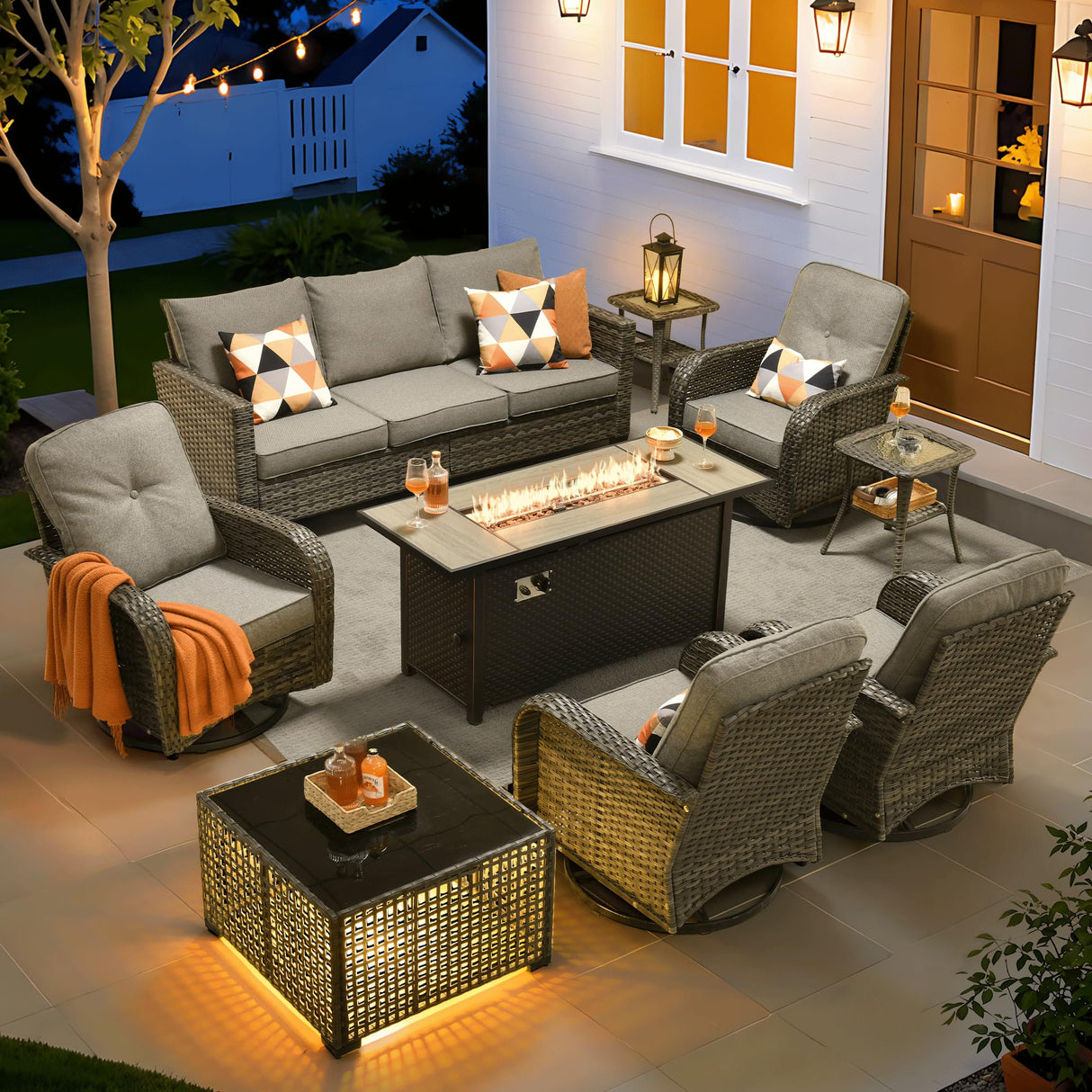 ovios 9 Pieces Patio Furniture Set, Outdoor Wicker Sofa Couch with Rocking Swivel Chairs Fire Pit Table, Modern Deep Seat Rattan Conversation Sets for Porch Deck, Dark Grey ovios
