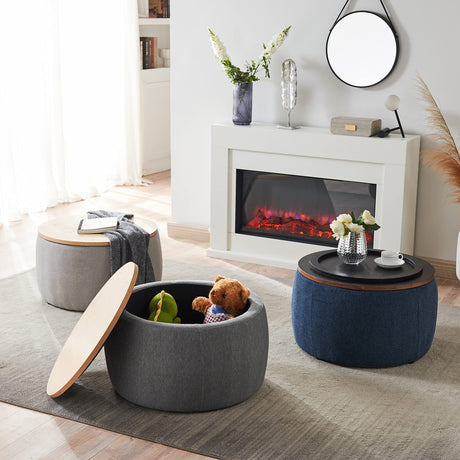 YICORPS Modern Round Storage Ottoman with Wooden Top,Handmade Luxury Pleated Circle Fabric Storage Ottoman Coffee Table,End Table & Footstool for Living Room（Navy Blue） YICORPS