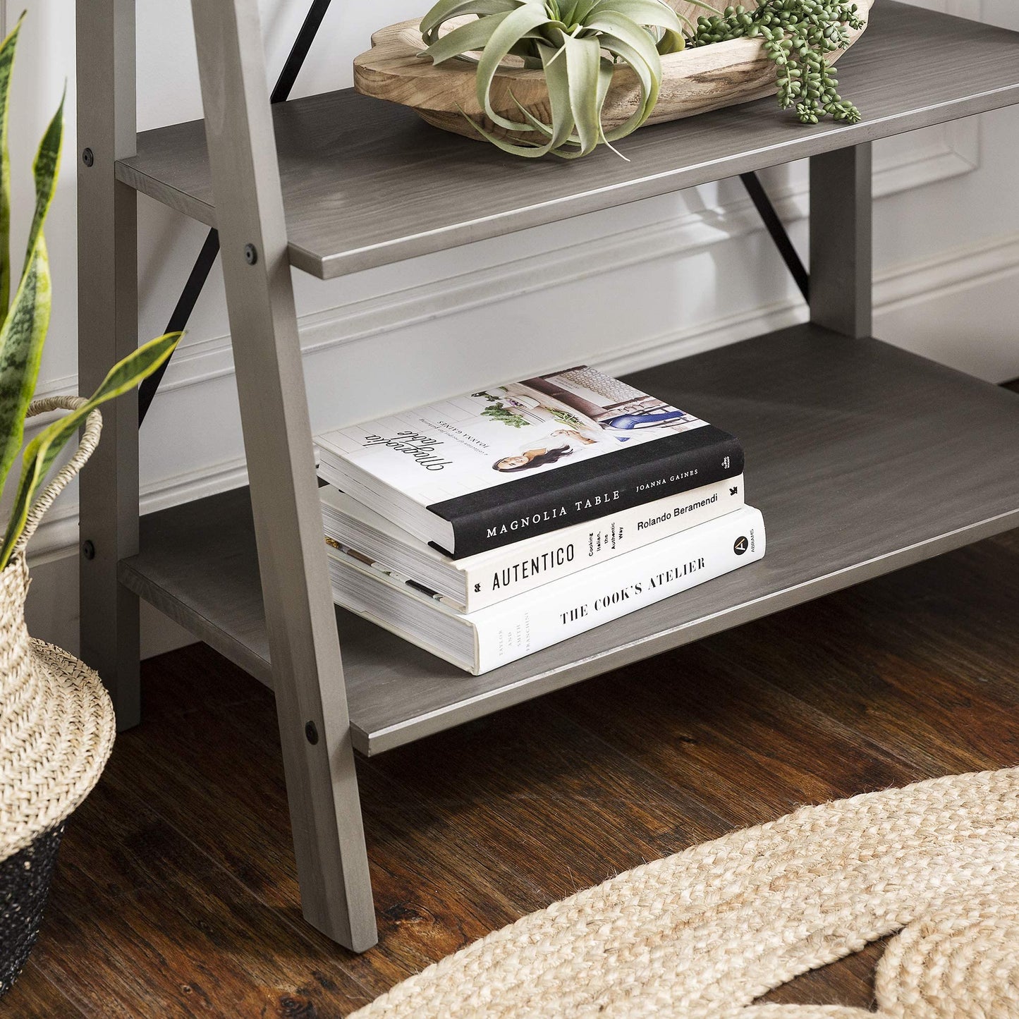 Modern Farmhouse Grey Wood Bookcase by Walker Edison - 4 Shelves for Home Office and Living Room Storage - WoodArtSupply