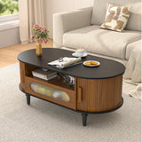 Fluted Round Coffee Table with Storage, Modern Oval Coffee Table with Drawer, Sliding Door, Low Small Center Tables for Living Room, Wooden Boho, Mid Century, Unique, Black and Walnut Jluomei