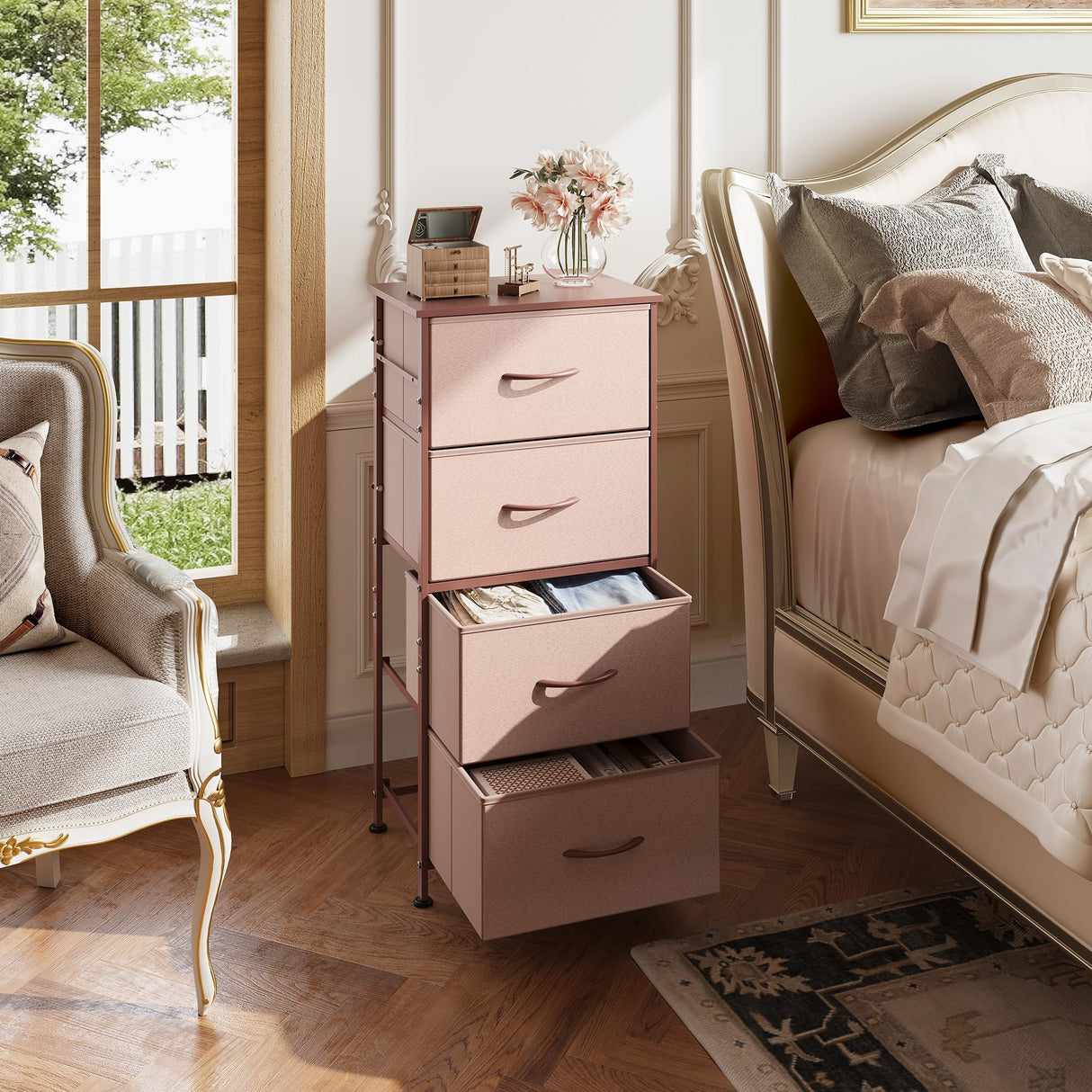 WLIVE 4 Drawers Dresser for Bedroom, Pink Rose Gold Fabric Clothes Storage Organizer Unit, Dresser for Hallway, Entryway, Closets, Sturdy Steel Frame, Wood Top WLIVE