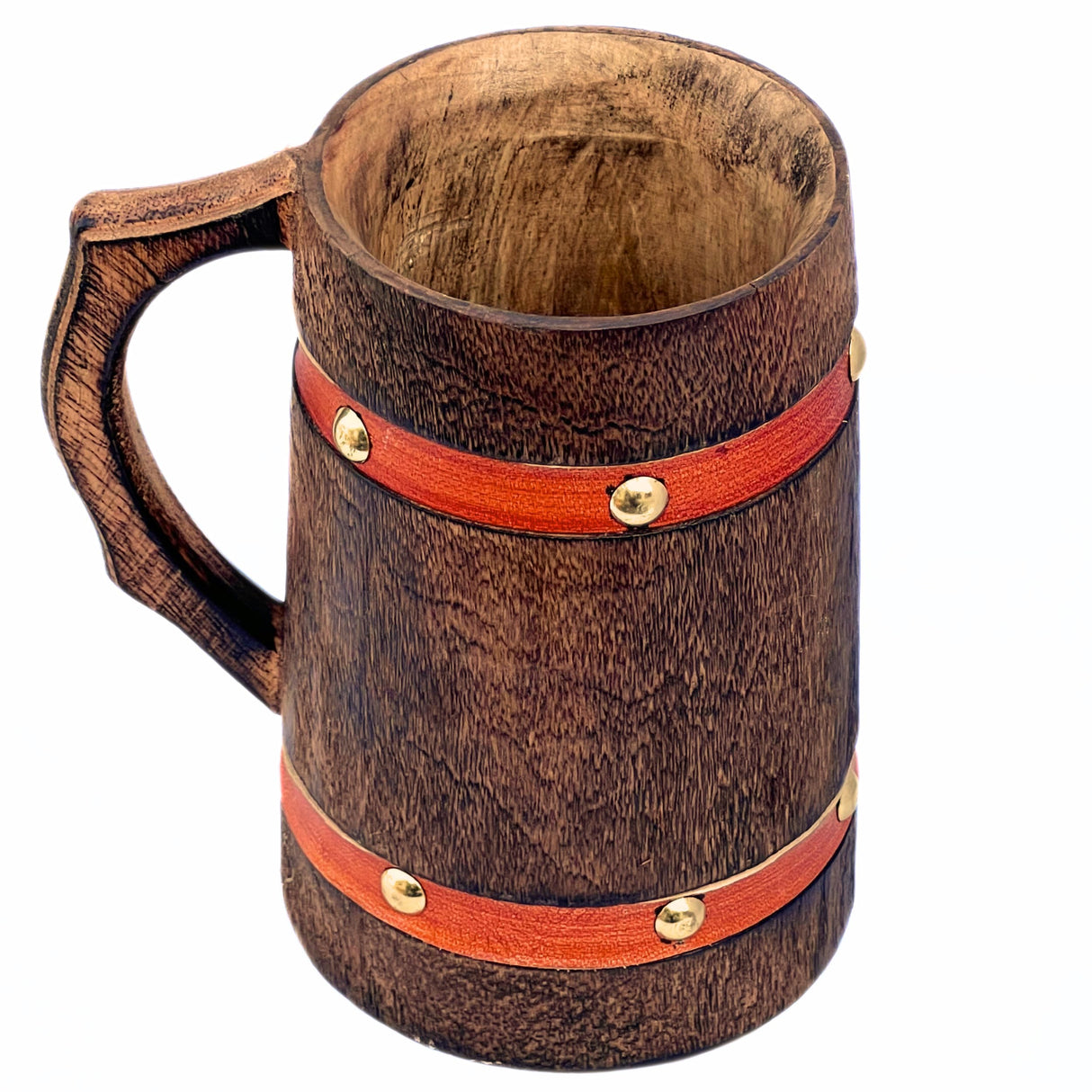 collectiblesBuy Handmade Wooden Tankard Mug Drinking Beer Coffee Tea Stein Rustic Knitted Orange Leather Strap Wooden Beverages Home & Table Decor collectiblesBuy
