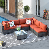 HOOOWOOO Patio Outdoor Sectional Furniture Sofa Set,7 Piece U Shaped Corner Wicker Rattan Couch Set,Rustic 6 Persons Summer Patio Conversation Set for Outside Porch Deck Garden(Orange Red) HOOOWOOO