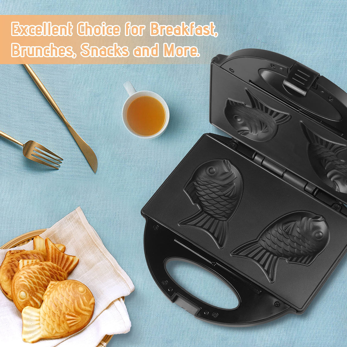 FineMade Taiyaki Fish Waffle Maker Machine with Non Stick Cooking Plate, Electric Japanese Fish Shaped Waffle Iron Pan, Korean Bungeoppang Pan, Recipe Included FineMade