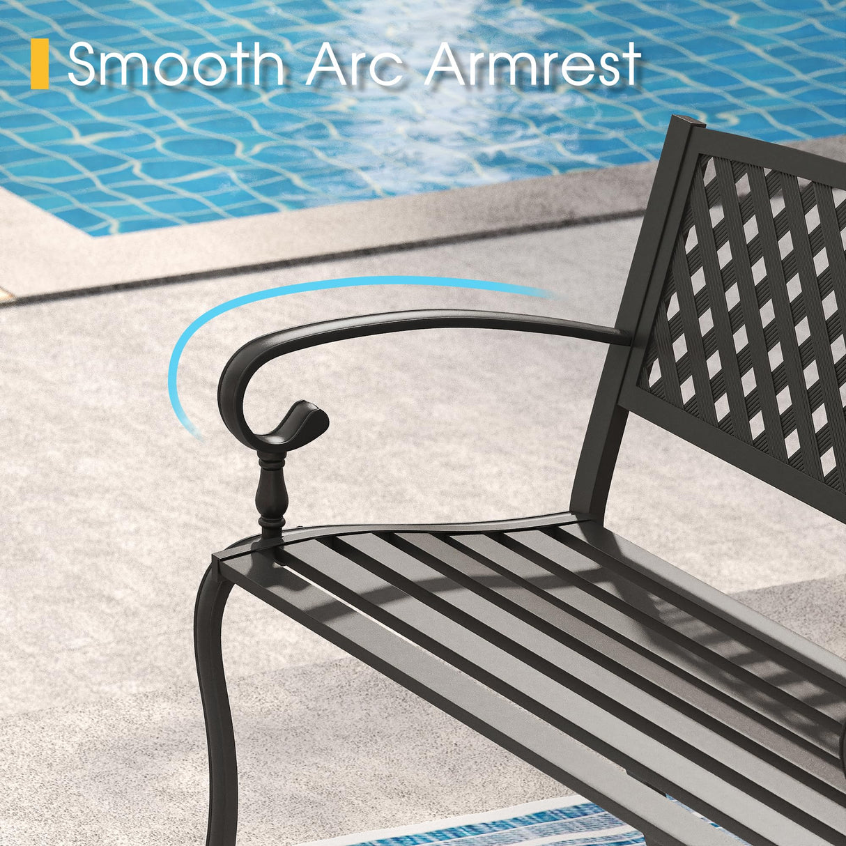 VICLLAX Outdoor Garden Bench, 50” Long Metal Patio Bench with Backrest and Armrests, Modern Slatted Black Park Bench for Front Porch, Lawn, Yard, Garden, Crossed Rhombic Back VICLLAX