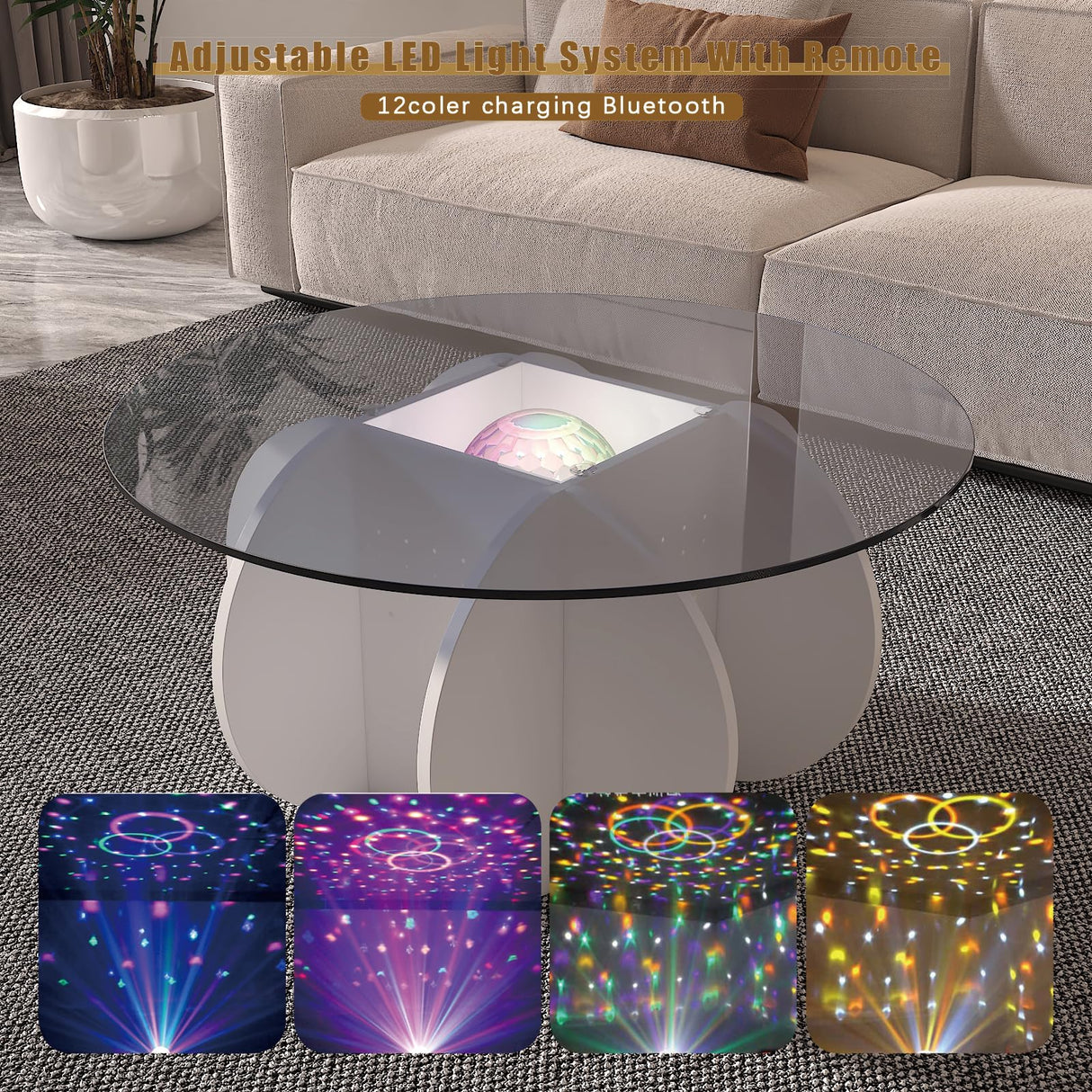 HedoAjim Round LED Coffee Table with Glass Top,Center Table with Storage for Living Room,Small Spaces, Office, and Lounge,32" White and Grey Glass Coffee Table with Smart Music Lamp HedoAjim