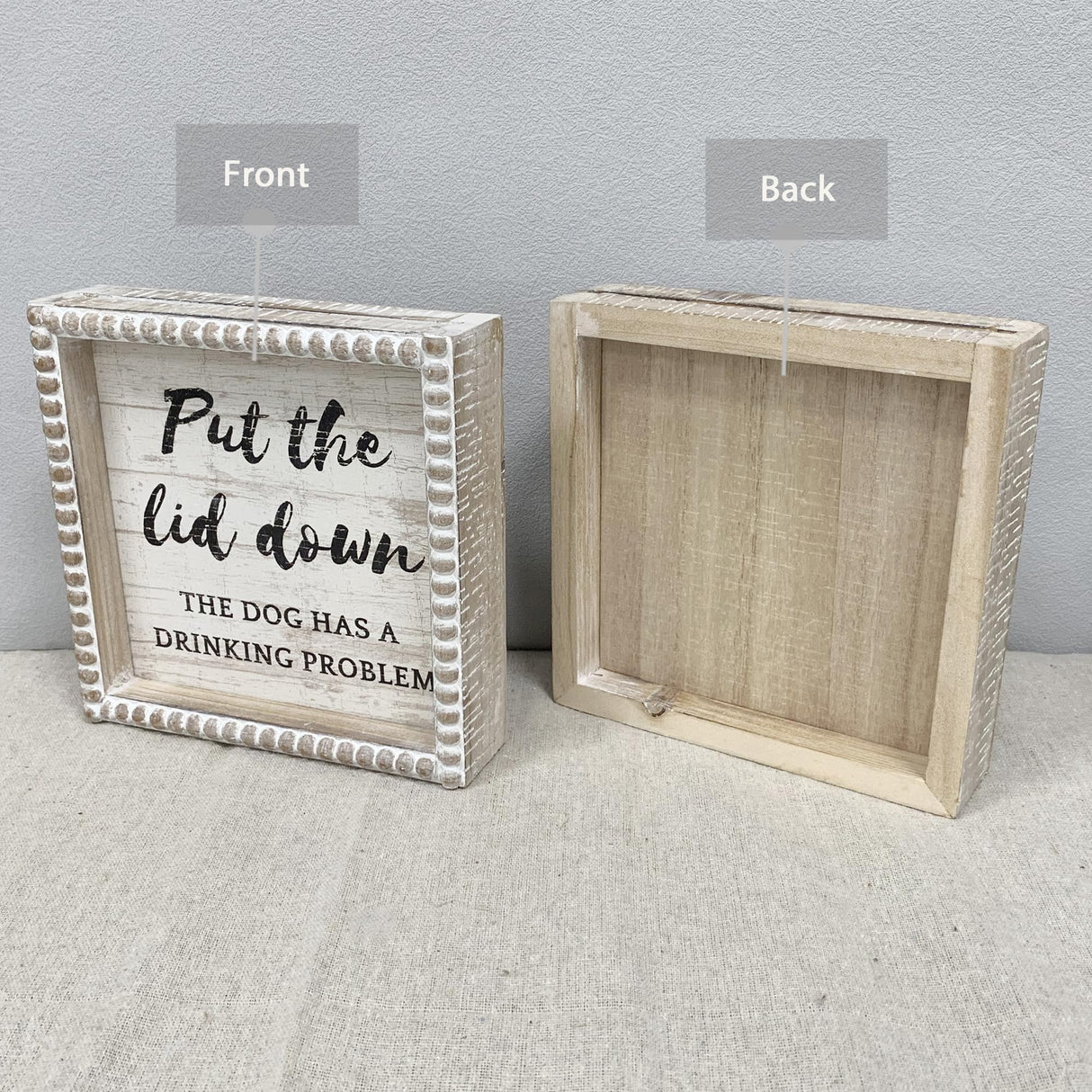 Please Close the Lid the Dog Has A Drinking Problem Funny Bathroom Signs, 6.3" White Decorative Plaque Dog Home Rustic Farmhouse Bathroom Shleves Decor, Wooden Framed Small House Decorations Fenisam