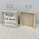 Please Close the Lid the Dog Has A Drinking Problem Funny Bathroom Signs, 6.3" White Decorative Plaque Dog Home Rustic Farmhouse Bathroom Shleves Decor, Wooden Framed Small House Decorations Fenisam