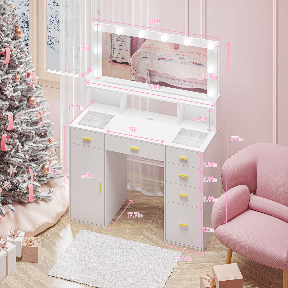 VoirStar Glass Vanity Desk with Large Lighted Mirror, 45" Big Makeup Vanity with 6 Drawers & Cabinet, 3 Lighting Colors, Makeup Vanity Desk with Glass Top, Hollywood Makeup Vanity with Lights, White VoirStar