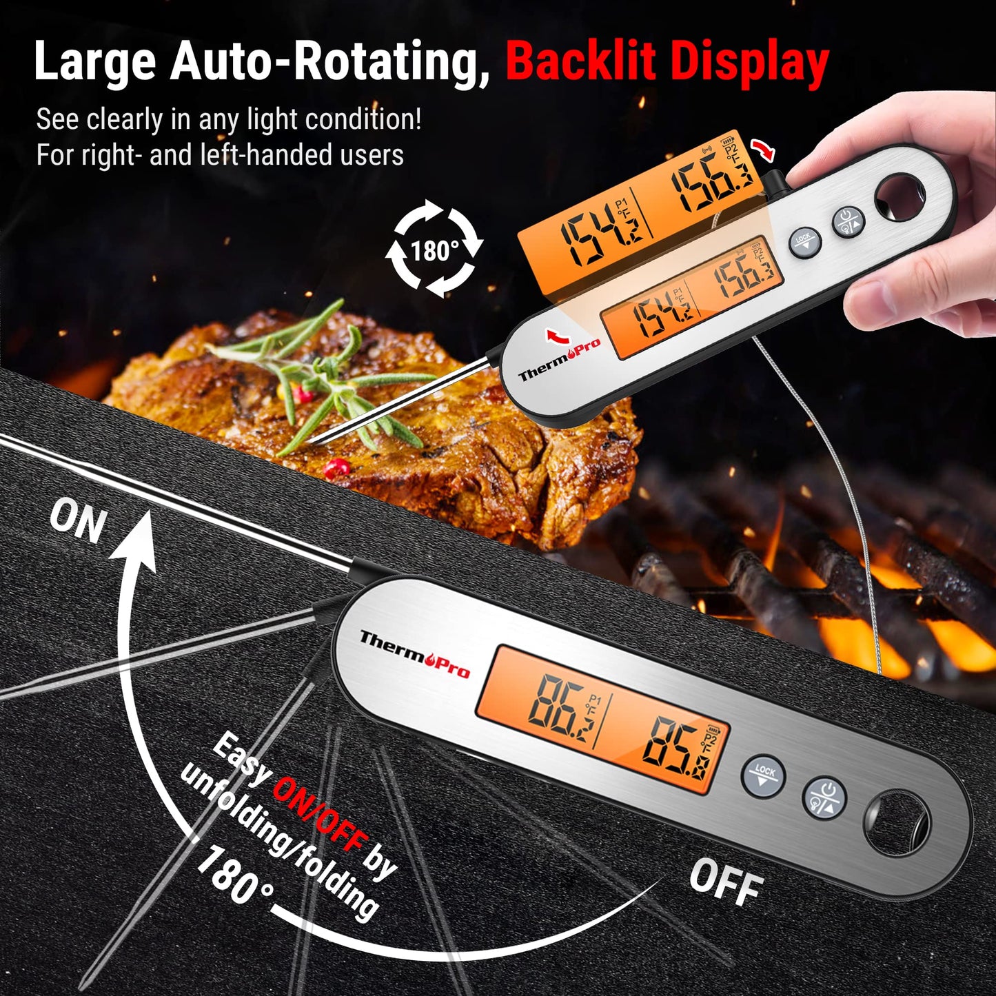 ThermoPro TP610 Digital Meat Thermometer for Cooking, Rechargeable Instant Read Food Thermometer with Rotating LCD Screen, Waterproof Cooking Thermometer with Alarm for Grilling, Smoker, BBQ, Oven