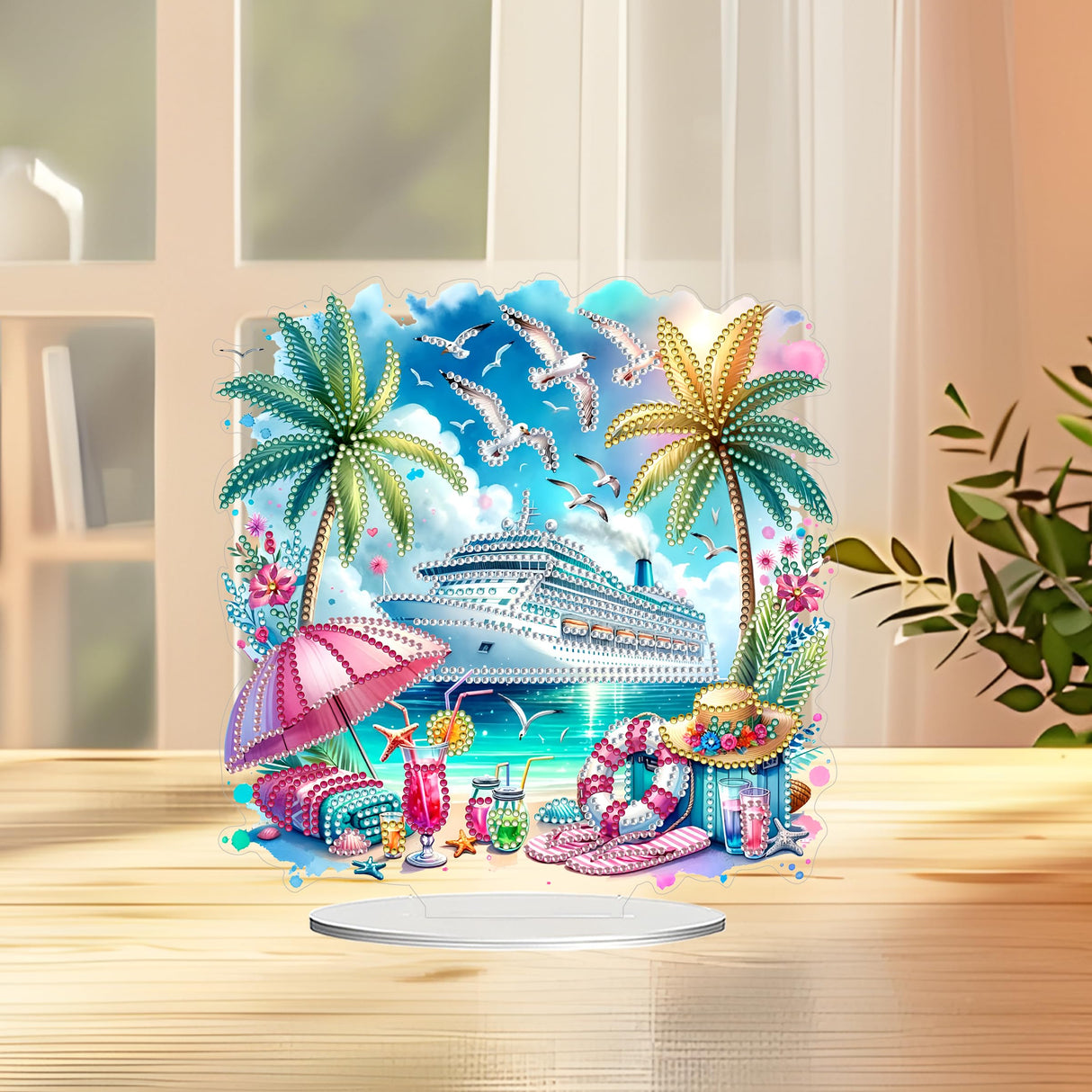 JJFox DIY Tabletop Diamond Art Painting Kit，Double Sided Desktop Ornament Special Shaped Rhinestone Desk Placement Ornament，Home Stand Up 5D Gem Painting Craft Kit，Gift (Summer Beach) JJFox