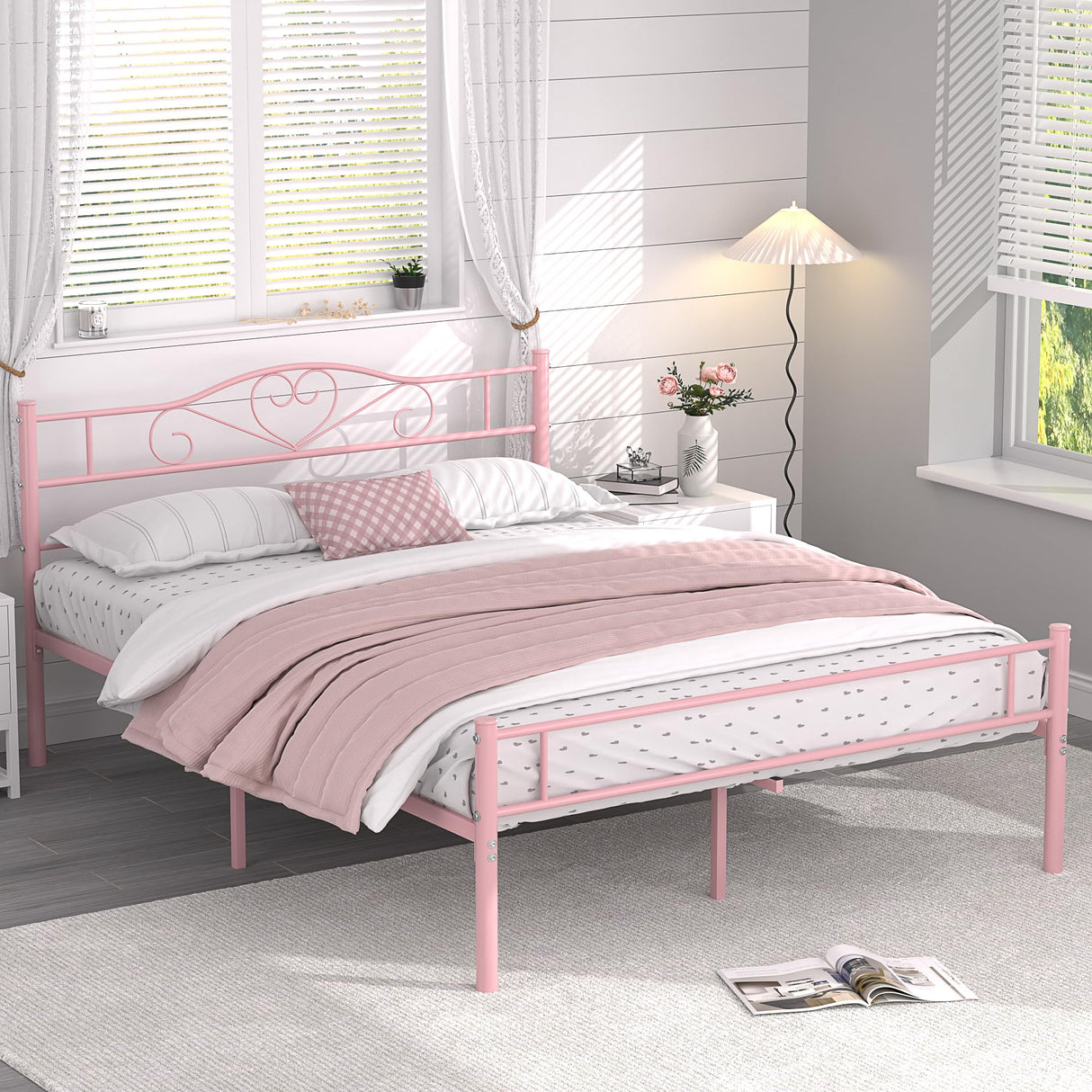VECELO 14 Inch Queen Size Metal Platform Bed Frame with Headboard and Footboard, Heavy Duty Mattress Foundation with Steel Slats Support, No Box Spring Needed, Pink VECELO
