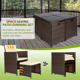 LHBcraft 9 Pieces Patio Dining Sets Outdoor Conversation Sets, Space Saving Wicker Chairs with Glass Table and Ottomans, Cushioned Seating and Back Sectional Dining Sets(BR-BE) LHBcraft