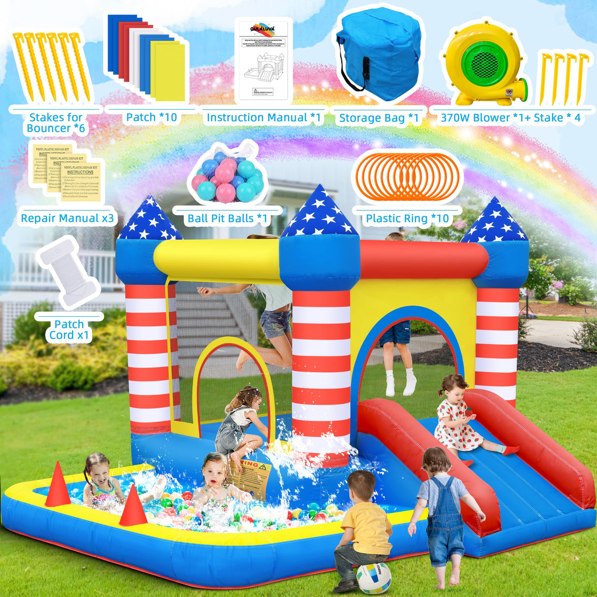 Culaluva Inflatable Bounce House: Bouncer Bouncy Castle 5 in 1 with Ball Pit & Slide for Kids Aged 3-8 - with 370W Blower & Storage Bag - Indoor Outdoor Play Stripes Style CulaLuva