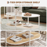 Boho Rattan Coffee Table with Glass Top, 2-Tier Oval Center Table with Metal Frame & Storage Shelf, Rustic Farmhouse Living Room Accent Tea Table for Apartment, Bedroom, Office White IDEALHOUSE