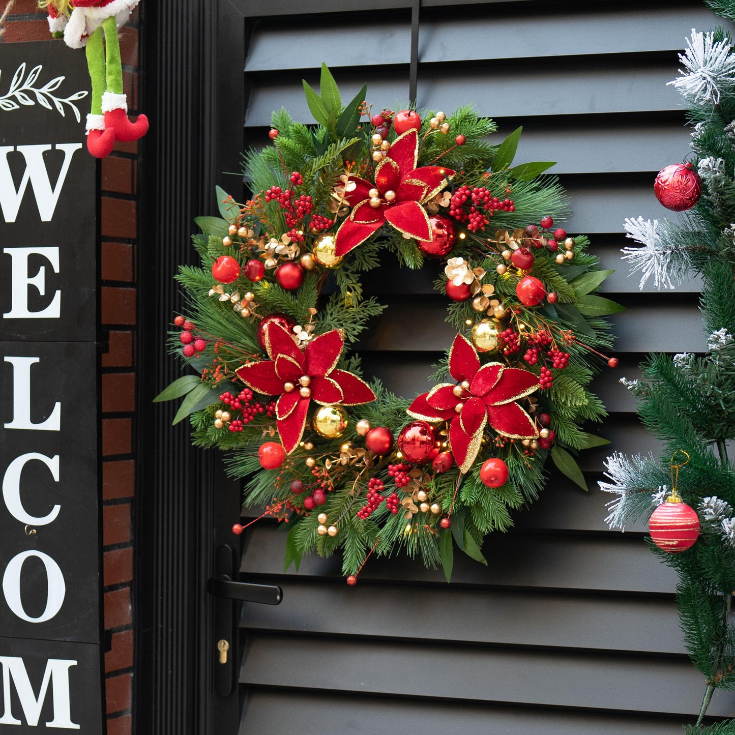 ArcadiaArt Prelit Christmas Wreaths for Front Door- 24 Inch Outdoor Christmas Door Wreath with Lights, Lighted Xmas Wreath with Poinsettia Flowers,Red Berries,Golden Ball- Home Christmas Decorations