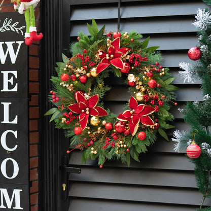 ArcadiaArt Prelit Christmas Wreaths for Front Door- 24 Inch Outdoor Christmas Door Wreath with Lights, Lighted Xmas Wreath with Poinsettia Flowers,Red Berries,Golden Ball- Home Christmas Decorations