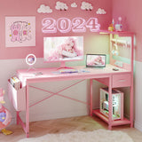 TIQLAB Gaming Desk 40 inch with Power Outlet and LED Light, Computer Desk with Reversible Shelves and Storage Drawer, Small PC Desk for Home Office Table with Bag, Carbon Fiber Pink TIQLAB