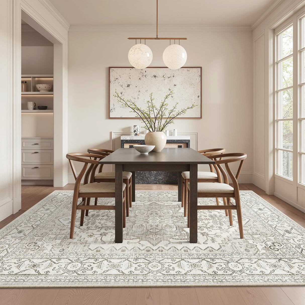 Area Rugs for Living Rooms - 6x9, Boho Non-Slip Low Pile Carpet Machine Washable Rugs for Bedroom, Farmhouse, Office, Dining Room (Beige) befbee