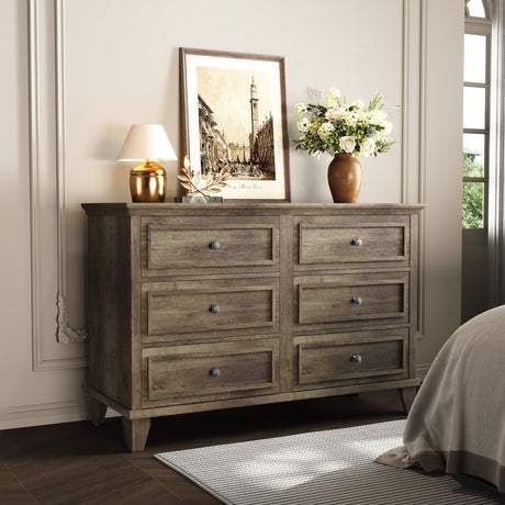 GarveeHome Farmhouse Grey Dresser for Bedroom with 6 Drawer, Double Dresser TV Stand with Vintage Handle, Wide Wood Dressers & Chests of Drawers, 6 Drawer Dressers for Bedroom, Living Room, Hallway GarveeHome