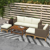 Outsunny Wooden Patio Furniture Set with Thick Padded Cushions, 5-Piece PE Rattan Sectional Sofa with Acacia Wood Top Coffee Table, Outdoor Conversation Set, Cream White Outsunny