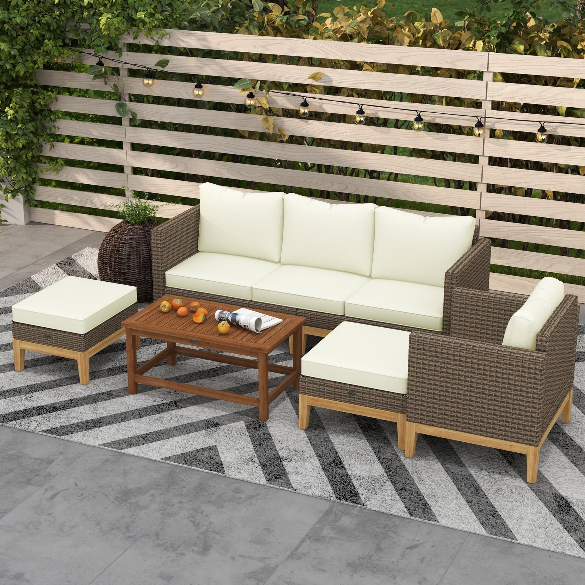 Outsunny Wooden Patio Furniture Set with Thick Padded Cushions, 5-Piece PE Rattan Sectional Sofa with Acacia Wood Top Coffee Table, Outdoor Conversation Set, Cream White - WoodArtSupply