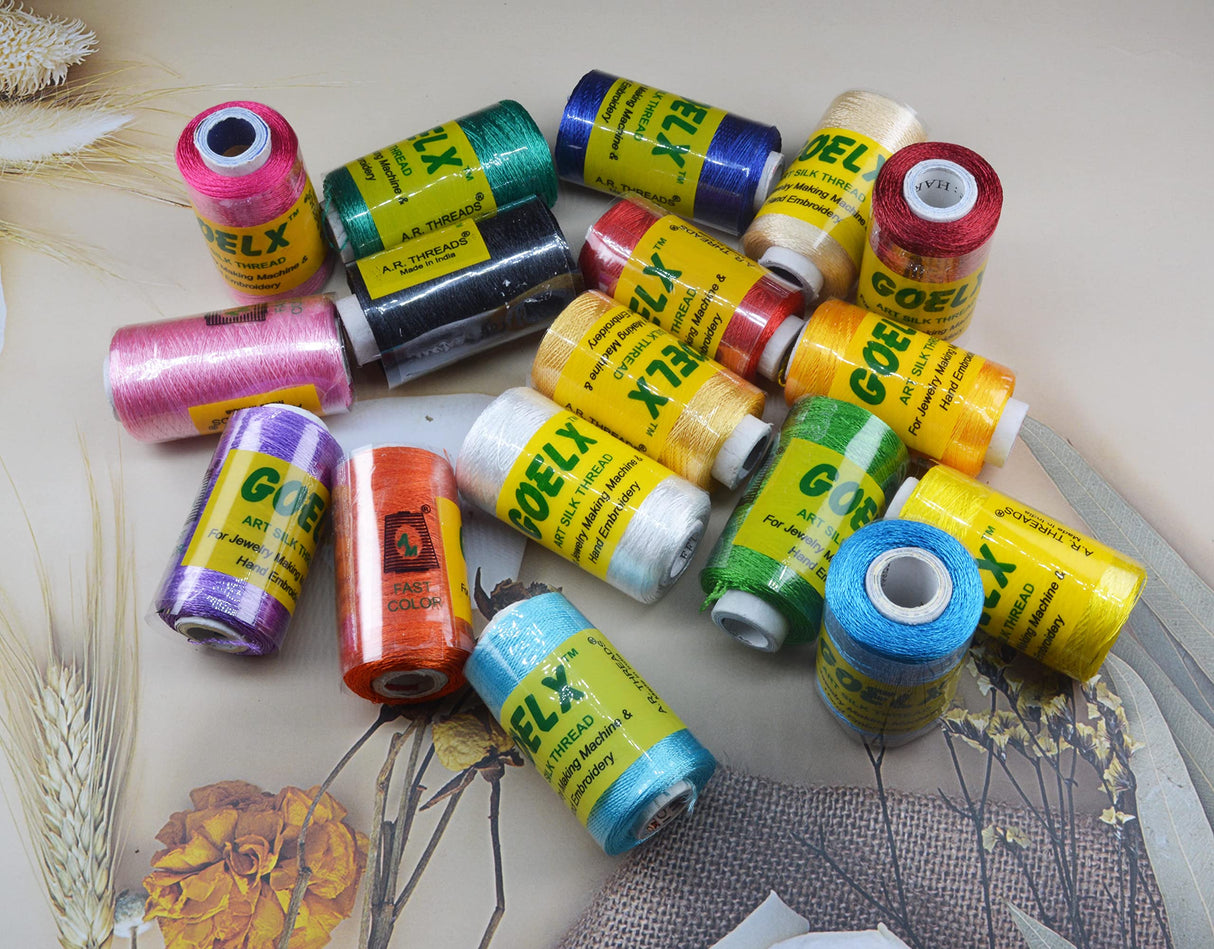 GOELX Silk Thread 17 Main Color Set for Jewellery-Tassel Making- Embroidery-Crafts, Shiny Soft Thread Spools GOELX