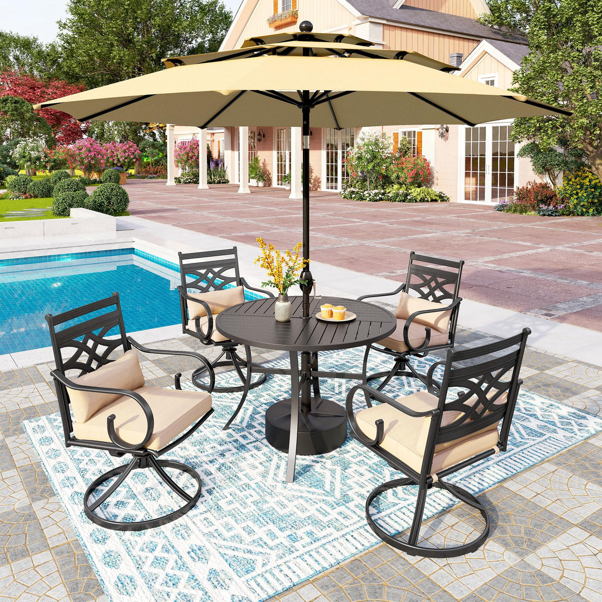 PHI VILLA Outdoor Patio Dining Set for 4 with 10ft 3-Layer Auto-tilt Round Umbrella(Beige),Includes 4 Outdoor Swivel Chairs with Cushions and a Metal Round Table, Perfect for Garden, Lawn, or Deck PHI VILLA