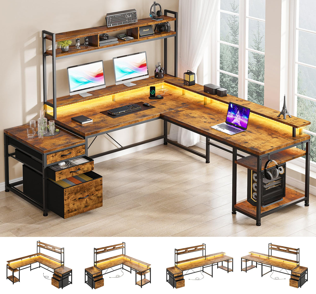 EnHomee 66" L Shaped Desk with Drawers Reversible Large L Shaped Gaming Desk with LED & Storage Shelf Gaming Desk with Monitor Stand Power & Outlet Wide Home Office Desks with File Cabinet Brown EnHomee