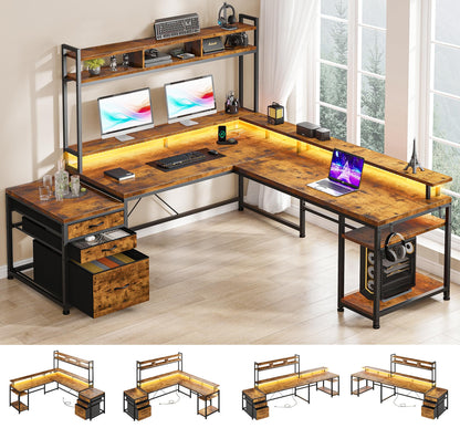 EnHomee 66" L Shaped Desk with Drawers Reversible Large L Shaped Gaming Desk with LED & Storage Shelf Gaming Desk with Monitor Stand Power & Outlet Wide Home Office Desks with File Cabinet Brown