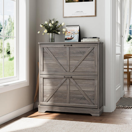 Smart Fendee Shoe Storage with 2 Flip Drawers, Farmhouse Organizer umooper with Wooden Feet, Slim Shoe Rack, Narrow Entryway Storage, Gray Smart FENDEE