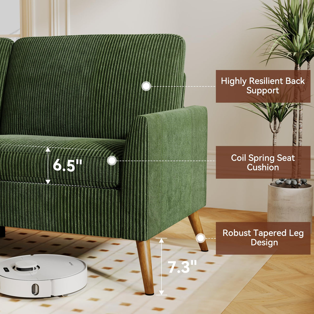 Vipbear 68" Loveseat Sofa - Green, Comfy Corduroy with Spring Cushion, Solid Wood Frame, Modern Deep Seat, Bedroom & Living Room, Office Small Couch Vipbear