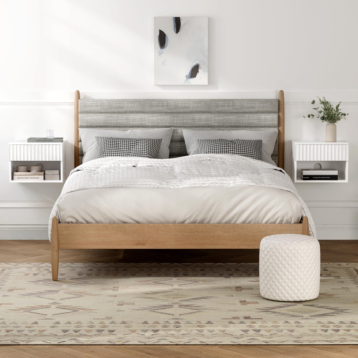 EYYTHUNG Fluted Wall Nightstand Set of 2 with Drawer, Modern Floating Night Stand with Fluted Door and Open Storage Shelf Wall Mounted Bedside Table for Bedroom Bathroom Entryway, White EYYTHUNG