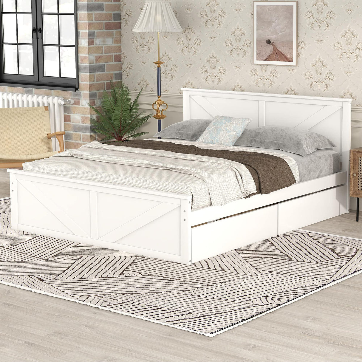 Queen Size Platform Bed with 4 Storage Drawers and Wooden Headboard – Sturdy Frame by LZ LEISURE ZONE (White) LZ LEISURE ZONE