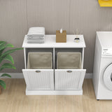 OQSC Double Tilt Out Trash Cabinet Laundry Sorter Cabinet Free Standing Laundry Cabinets and Storage Dog Proof Recycling Cabinet Kitchen Island with Garbage Bin (White) OQSC