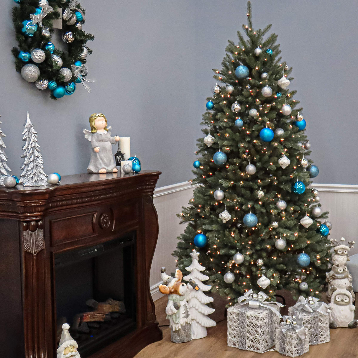 National Tree Company Pre-Lit Artificial Full Christmas Tree, Blue, Dunhill Fir, White Lights, Includes Stand, 7.5 Feet National Tree Company