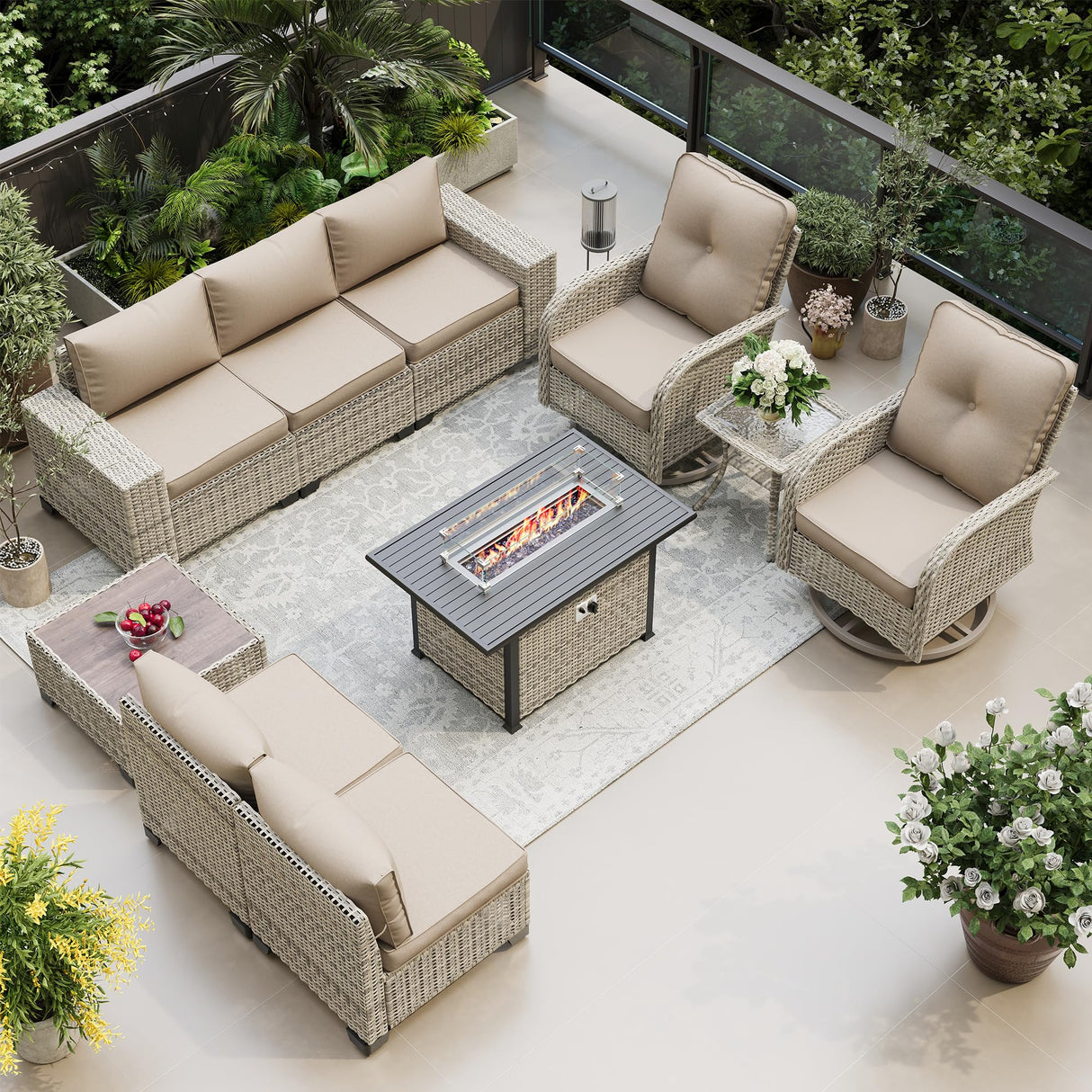 Muphyers 10-Piece Outdoor Patio Furniture Set with Rocking Swivel Chair, PE Wicker Rattan Sectional Sofa Patio Conversation Set with 55,000 BTU Fire Pit Table & Coffee Table, Sand Muphyers