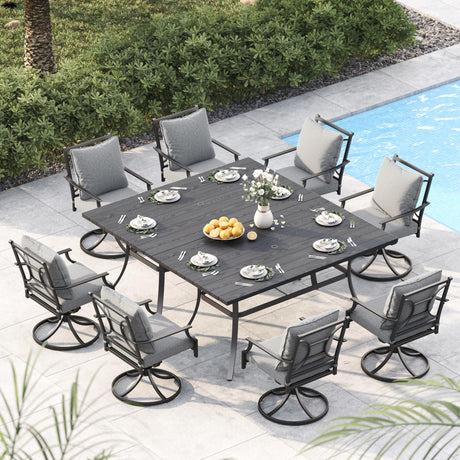 Grand patio 10-Piece Patio Dining Set for 8, 8 E-Coated Outdoor Dining Set Swivel Patio Dining Chairs with Olefin Cushions & 2 Rectangular Faux Woodgrain Table with 1.5”Market Umbrella Hole Grand patio