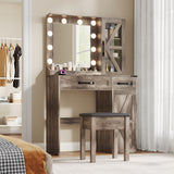NEDYO Vanity with Mirror and Lights, Farmhouse Vanity Desk, Makeup Vanity Table Set, Small Wood Vanity with Chair, Vintage Large Light Bulbs Dimmable Mirror, Shelves and Drawers. Oak NEDYO