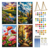 JOOZ 4 Pack Paint by Numbers Kit for Adults with Frame Landscape Paint by Number with Easel Flowers Adult Paint by Number Kit DIY Mountain Oil Painting Kits for Home Wall Decor 8x12 Inch JOOZ