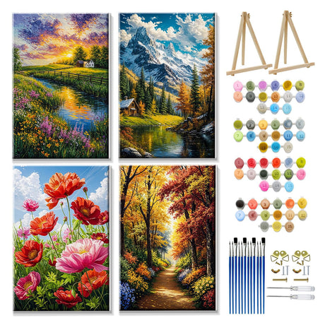 JOOZ 4 Pack Paint by Numbers Kit for Adults with Frame Landscape Paint by Number with Easel Flowers Adult Paint by Number Kit DIY Mountain Oil Painting Kits for Home Wall Decor 8x12 Inch JOOZ