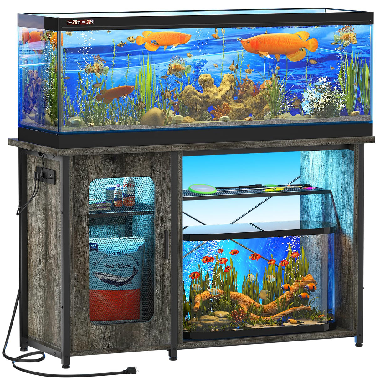 Hyomdeck 55-75 Gallon Fish Tank Stand, Reversible Heavy Duty Metal Aquarium Stand with Cabinet for Fish Tank Accessories Storage, Turtle/Reptile Terrariums, Black Oak Hyomdeck