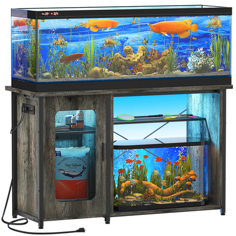 Hyomdeck 55-75 Gallon Fish Tank Stand, Reversible Heavy Duty Metal Aquarium Stand with Cabinet for Fish Tank Accessories Storage, Turtle/Reptile Terrariums, Black Oak Hyomdeck