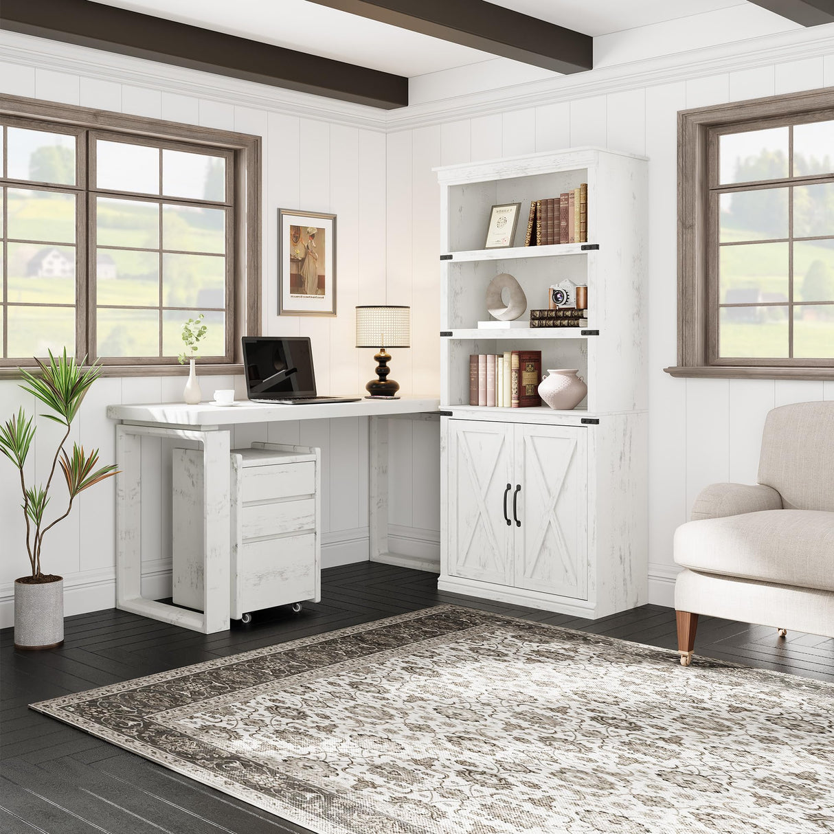 5 Tier Book case with Cabinet, Farmhouse Book Shelf with Storage Doors, 68.7" Tall Wooden 5 Shelf Book Case for Home Office, Living Room, Bed Room-(White, 68.7" H x 31.5" W x 12.9" D) GarveeHome