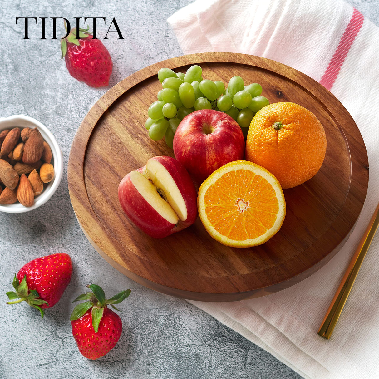 TIDTIA 13" Acacia Wood Lazy Susan Organizer for Cabinet - Round Lazy Susans Turntable for Countertop - Wooden Kitchen Rotating Storage Food Bin Container for Centerpiece Table, Spices, Pantry Tidita