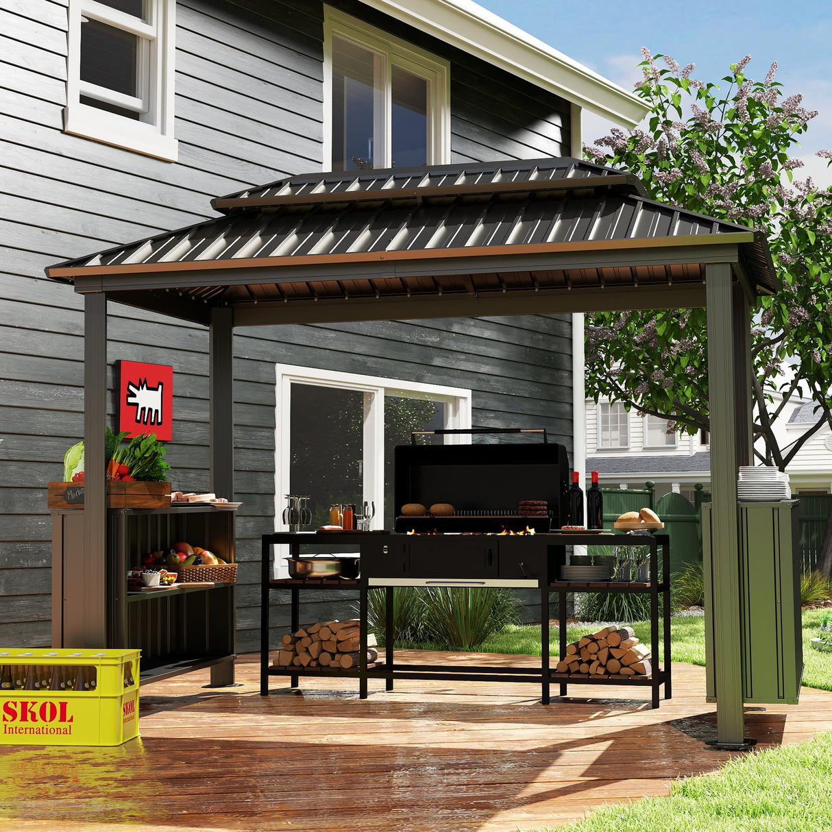 Domi 6x10FT Hardtop Grill Gazebo, Outdoor BBQ Gazebo with Double Galvanized Steel Roof, Patio Grill Canopy with 2 Cabinets and Ceiling Hooks for Backyard, Lawn, Garden, Brown domi outdoor living